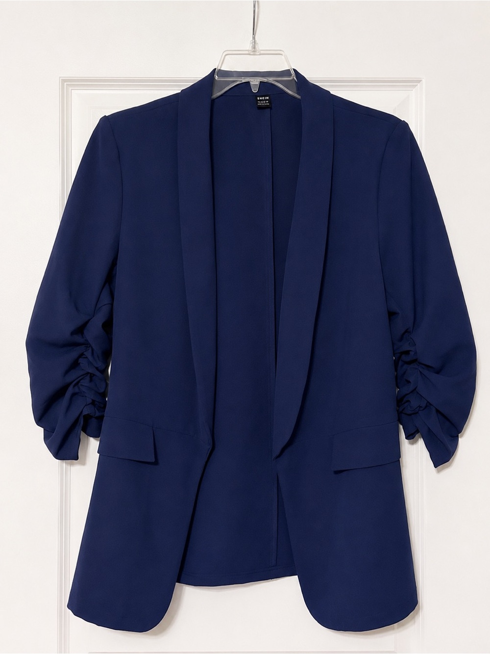SHEIN Navy Open-Front Blazer with Ruched 3/4 Sleeves